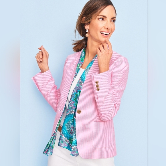 Talbots Stripe Lightweight Linen Cotton Woman Blazer Size 16P - Picture 2 of 15